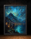 Moonlit Starlit Mountain City Wall Art Print, Teal Night Lake Fantasy Romantasy Decor