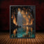 Golden Crystal Cave wall Art print, Turquoise Water Fantasy Print, Glowing Cavern Painting