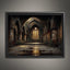 Gothic Abbey Ruins Wall Art, Golden Arched Windows Light Painting, Dark Academia Architecture Print