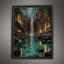Firefly Waterfall Forest Wall Art Print, Magical Fairy Light Woodland Painting Water Reflections Decor