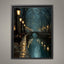 Teal Canal Tow Path Nighttime Scene Print Golden Lampposts Oil Painting Style Water Reflections