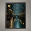Teal Canal Tow Path Nighttime Scene Print Golden Lampposts Oil Painting Style Water Reflections