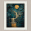 Teal Gold Moon Waterfall Wall Art, Moody Landscape Print, Luxury Dark Academia Decor Artwork