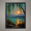 Moonlit Willow Lake Wall Art Print, Teal and Gold Landscape, Enchanted Fireflies Decor Artwork