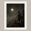 Victorian Moonlit Silhouette City Buildings Wall Art Print, Gothic Full Moon Cityscape Decor