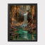 Enchanted Waterfall Forest Wall Art Print, Magical Fairy Light Woodland Painting Teal Green Decor