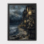 Gargoyle Wall Art, Gothic Coastal Buildings, Atmospheric Ocean Print, Dark Fantasy Seascape Decor
