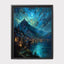 Moonlit Starlit Mountain City Wall Art Print, Teal Night Lake Fantasy Romantasy Decor