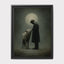 Moonlit Man and Wolf Wall Art Print, Mystical Nightime Direwolf Guardian Painting