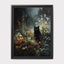 Vintage Black Cat Wall Art Print, Oil Painted Style Wildflowers Moonlit Night Painting
