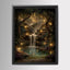 Enchanted Woodland Waterfall Print, Fireflies and Golden Lights Magical Forest Tree Painting