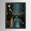 Teal Canal Tow Path Nighttime Scene Print Golden Lampposts Oil Painting Style Water Reflections
