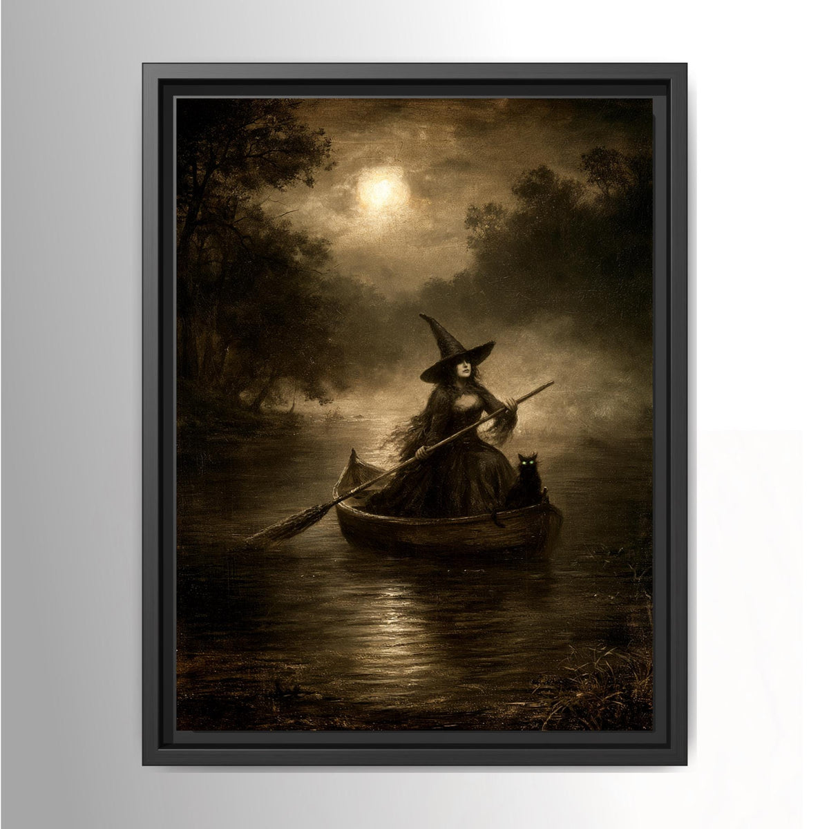 Vintage witch rowing a small boat across a misty moonlit lake with a black cat beside her, surrounded by dark woodland in a moody gothic painting. Main image