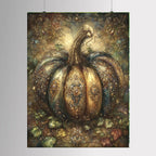 Ornate gothic pumpkin wall art featuring a large jeweled pumpkin decorated with antique gold filigree, gemstones and baroque details in deep bronze, teal and green tones.
