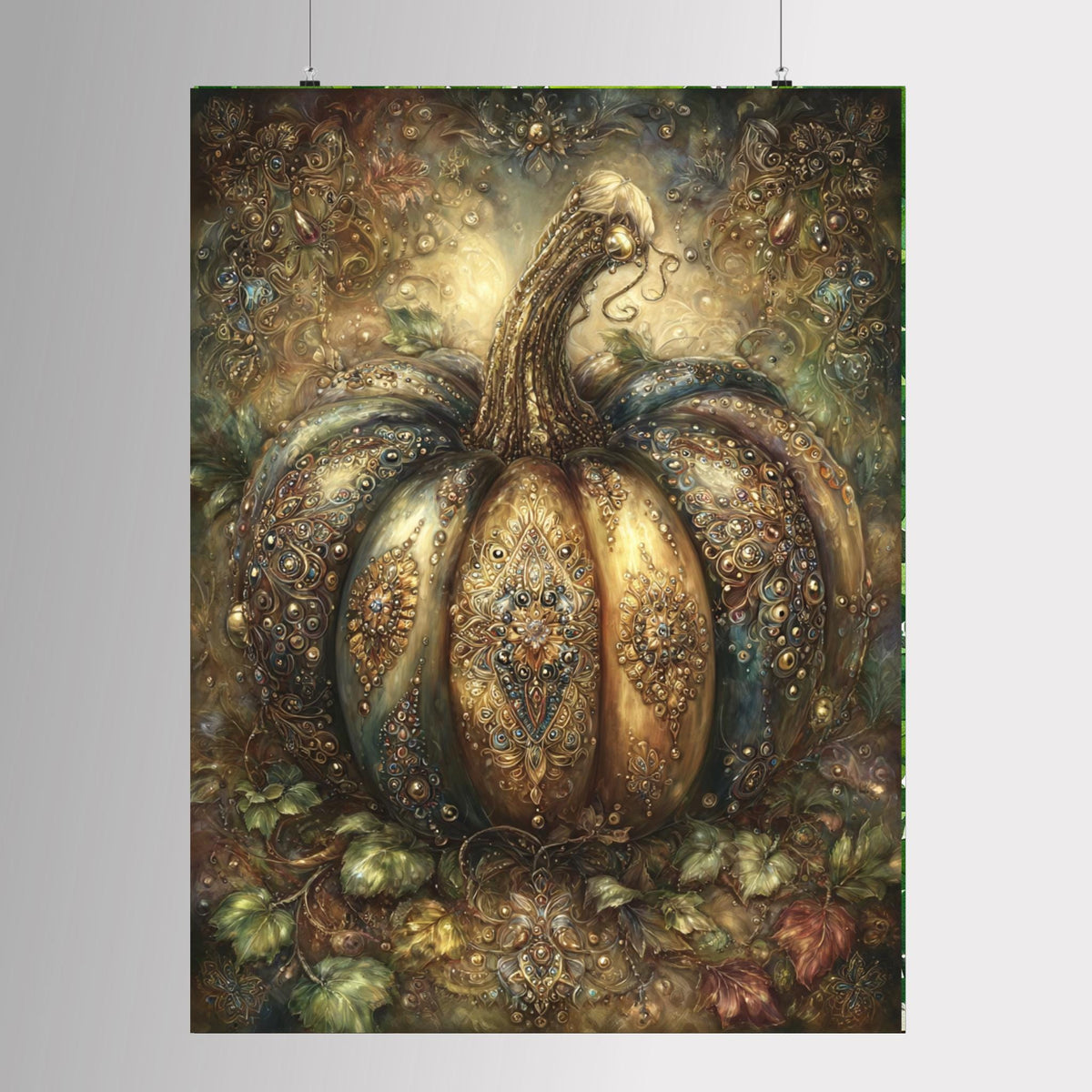 Ornate gothic pumpkin wall art featuring a large jeweled pumpkin decorated with antique gold filigree, gemstones and baroque details in deep bronze, teal and green tones.