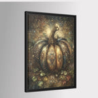 Ornate gothic pumpkin wall art featuring a large jeweled pumpkin decorated with antique gold filigree, gemstones and baroque details in deep bronze, teal and green tones.