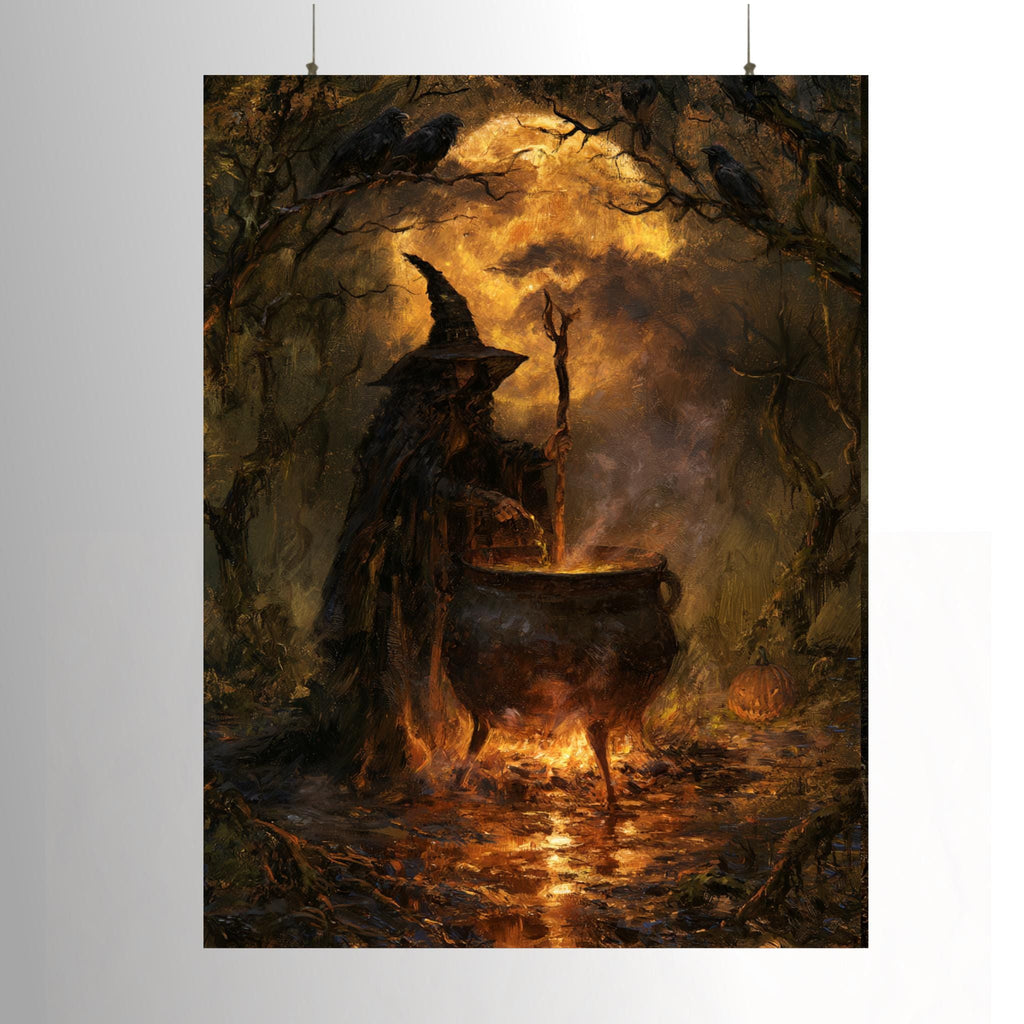 Moody witch wall art showing a dark witch stirring a glowing cauldron beneath ravens in an autumn forest, gothic Halloween decor.