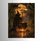 Moody witch wall art showing a dark witch stirring a glowing cauldron beneath ravens in an autumn forest, gothic Halloween decor.