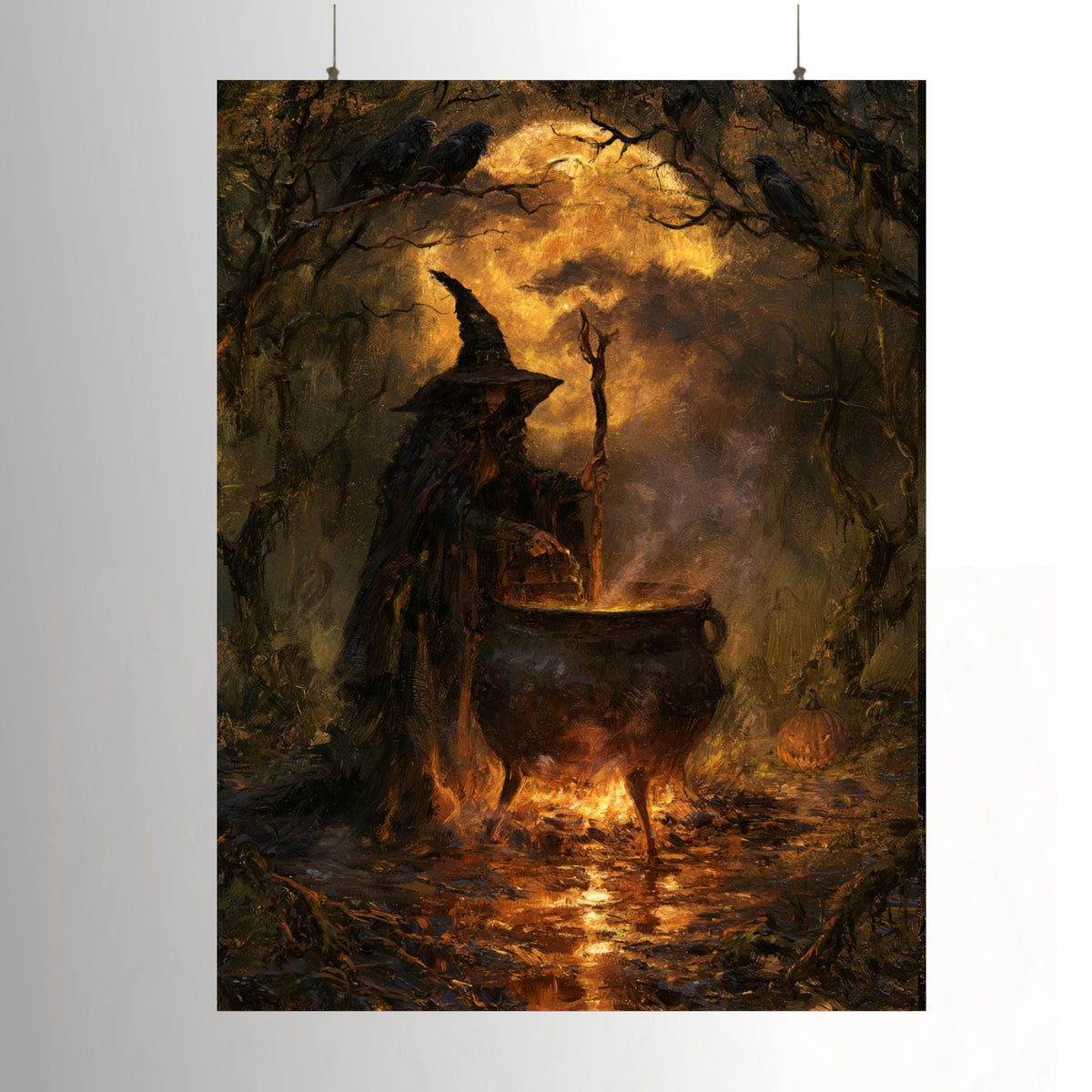 Moody witch wall art showing a dark witch stirring a glowing cauldron beneath ravens in an autumn forest, gothic Halloween decor.