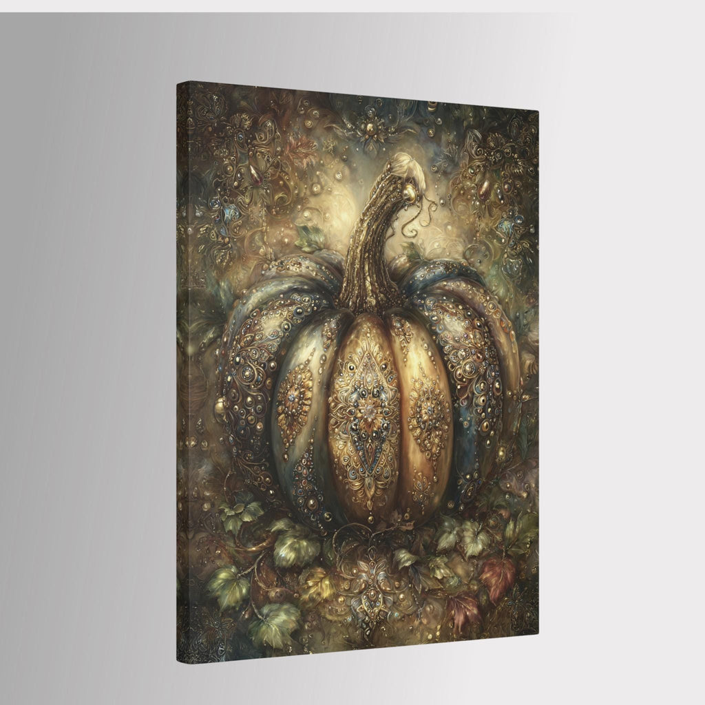 Ornate gothic pumpkin wall art featuring a large jeweled pumpkin decorated with antique gold filigree, gemstones and baroque details in deep bronze, teal and green tones.
