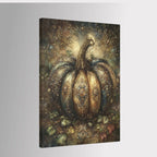 Ornate gothic pumpkin wall art featuring a large jeweled pumpkin decorated with antique gold filigree, gemstones and baroque details in deep bronze, teal and green tones.