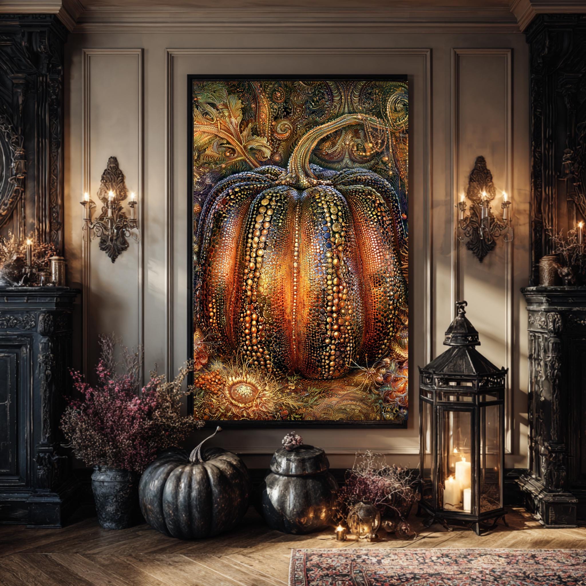 Gothic Pumpkin Wall Art, Beaded Halloween Print, Dark Moody Autumn Decor, Witchy Artwork Secondary image