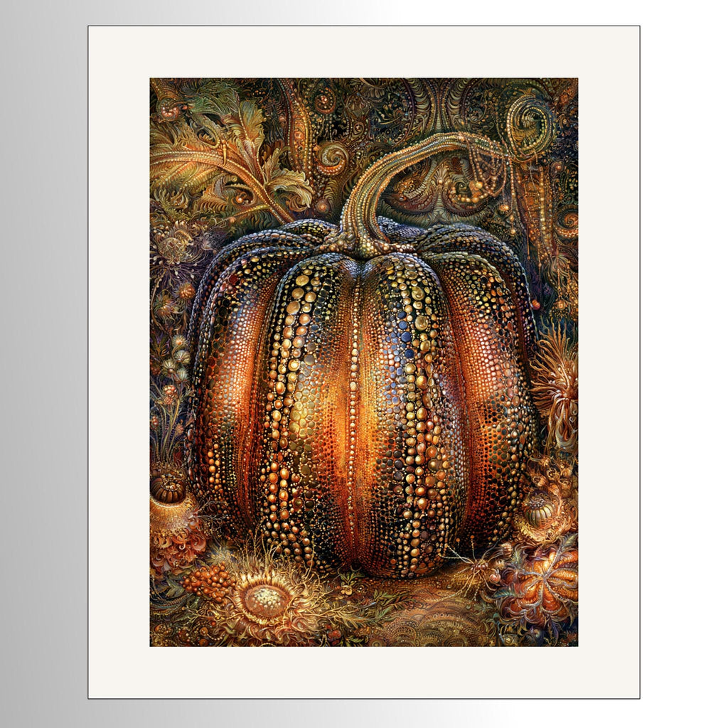 Ornate gothic pumpkin wall art featuring a jeweled orange and gold pumpkin with intricate botanical details in a dark moody Halloween setting.