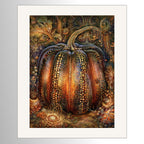 Ornate gothic pumpkin wall art featuring a jeweled orange and gold pumpkin with intricate botanical details in a dark moody Halloween setting.