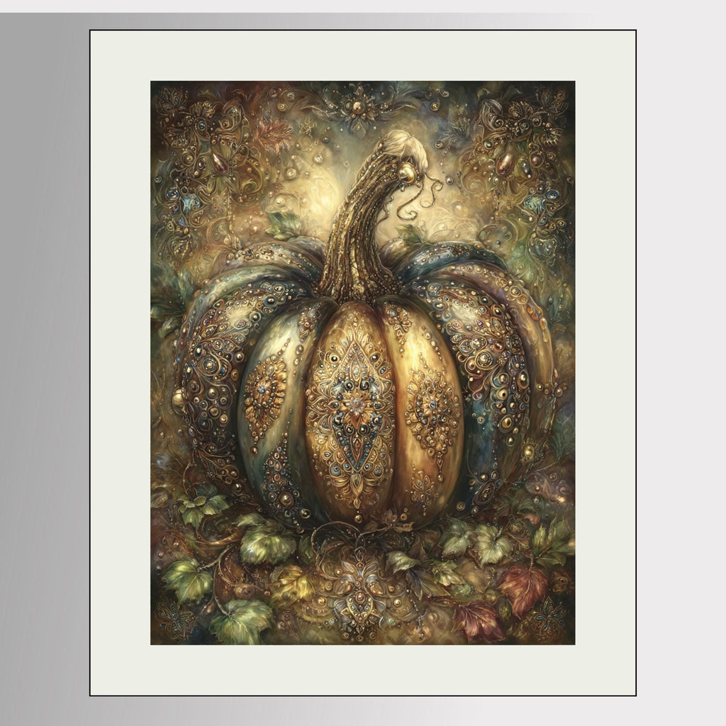 Ornate gothic pumpkin wall art featuring a large jeweled pumpkin decorated with antique gold filigree, gemstones and baroque details in deep bronze, teal and green tones.