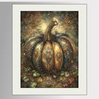 Ornate gothic pumpkin wall art featuring a large jeweled pumpkin decorated with antique gold filigree, gemstones and baroque details in deep bronze, teal and green tones.