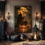 Moody witch wall art showing a dark witch stirring a glowing cauldron beneath ravens in an autumn forest, gothic Halloween decor.