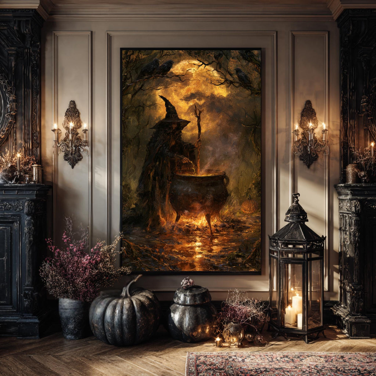 Moody witch wall art showing a dark witch stirring a glowing cauldron beneath ravens in an autumn forest, gothic Halloween decor.