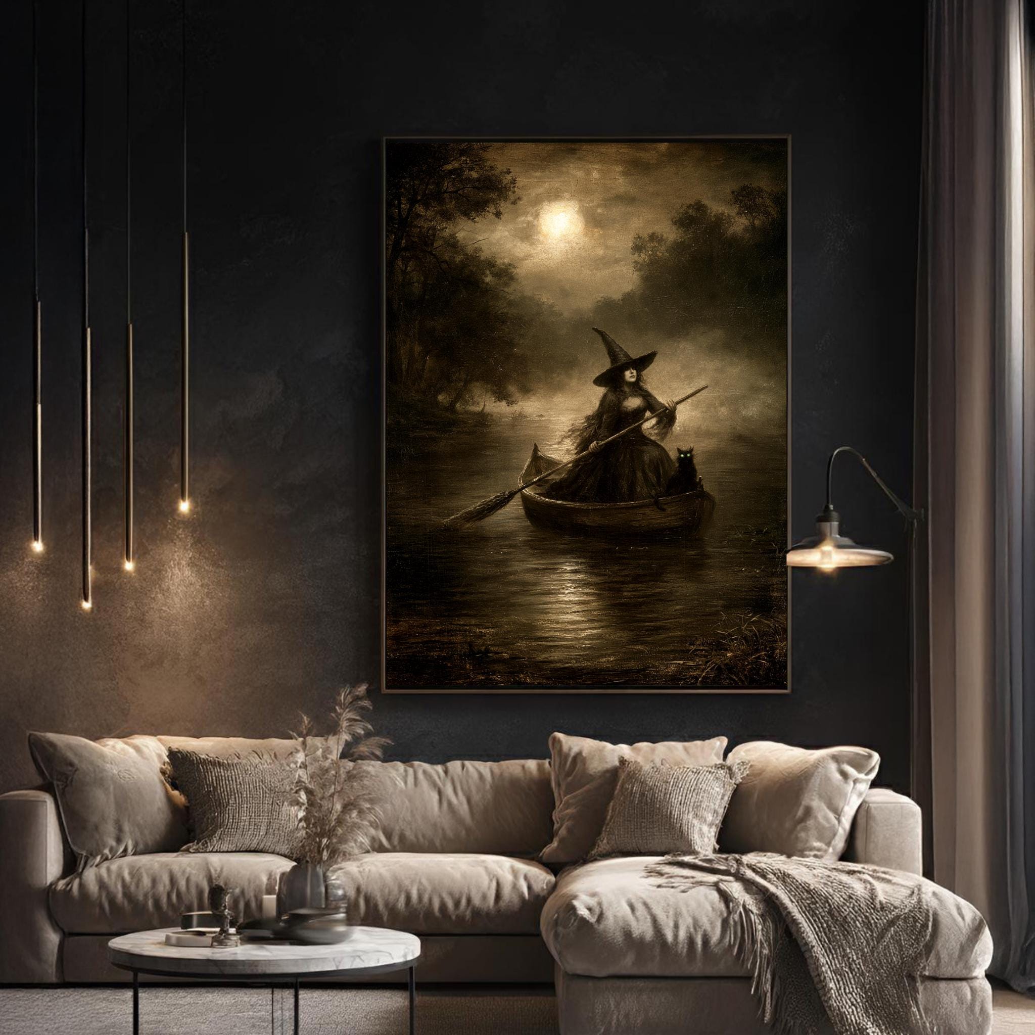 Witch Wall Art, Vintage Gothic Witchy Print, Black Cat Art, Moonlit Boat Halloween Decor Secondary image