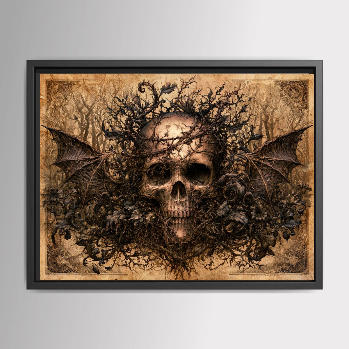 Gothic skull wall art featuring a vintage skull surrounded by twisted branches, dark foliage and bat wings in aged sepia and black tones. Main image