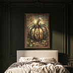 Ornate gothic pumpkin wall art featuring a large jeweled pumpkin decorated with antique gold filigree, gemstones and baroque details in deep bronze, teal and green tones.