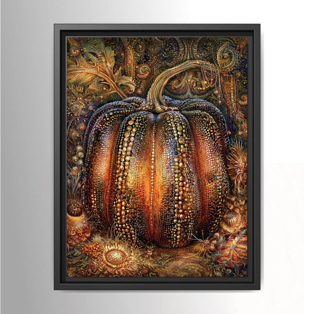 Ornate gothic pumpkin wall art featuring a jeweled orange and gold pumpkin with intricate botanical details in a dark moody Halloween setting.