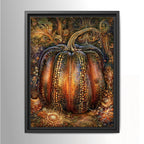 Ornate gothic pumpkin wall art featuring a jeweled orange and gold pumpkin with intricate botanical details in a dark moody Halloween setting.