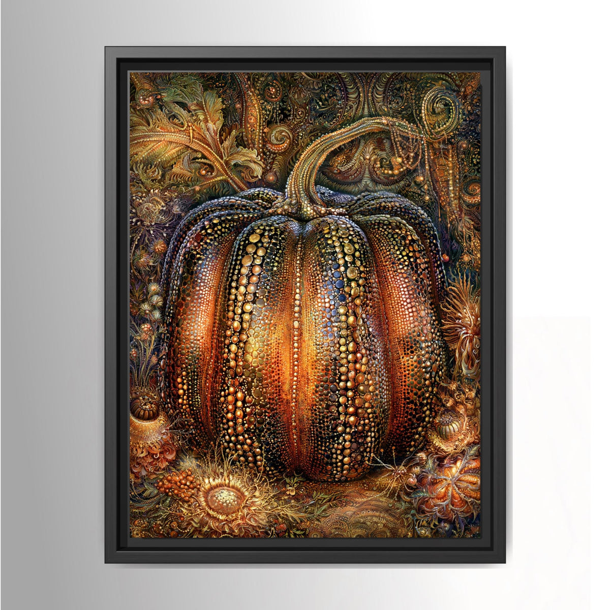 Ornate gothic pumpkin wall art featuring a jeweled orange and gold pumpkin with intricate botanical details in a dark moody Halloween setting.