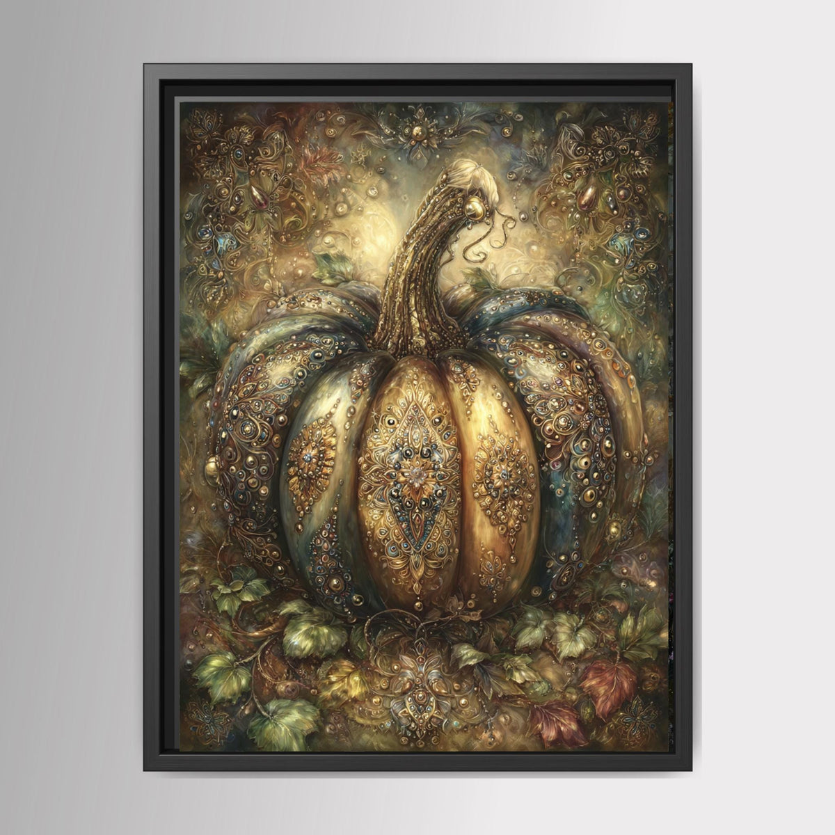 Ornate gothic pumpkin wall art featuring a large jeweled pumpkin decorated with antique gold filigree, gemstones and baroque details in deep bronze, teal and green tones. Main image