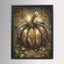 Ornate gothic pumpkin wall art featuring a large jeweled pumpkin decorated with antique gold filigree, gemstones and baroque details in deep bronze, teal and green tones.