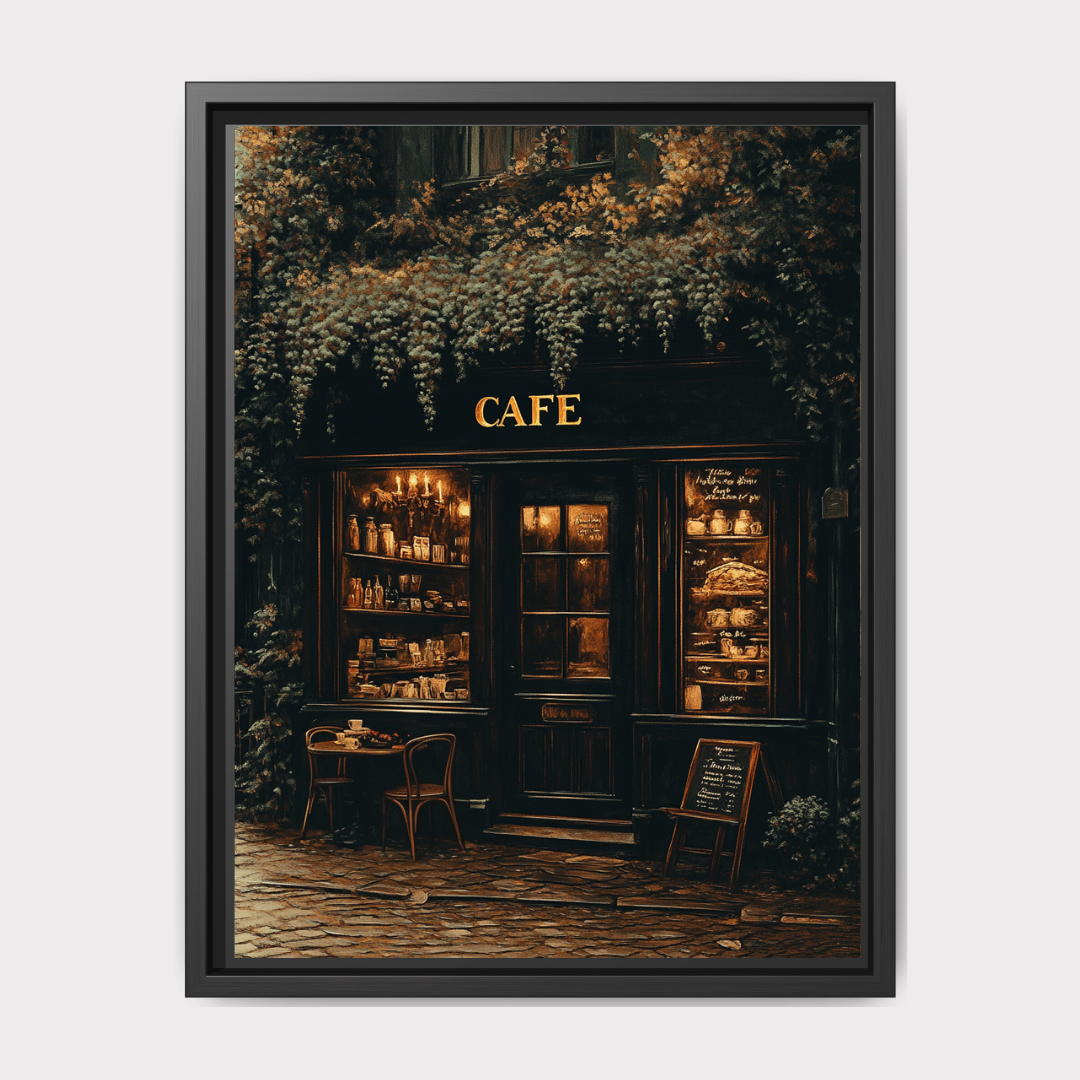 Vintage Café Storefront Wall Art Print Cozy Coffee Shop Oil Painting Style Artwork Main image