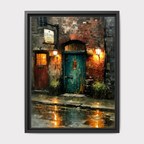Victorian Pub Doorway Rainy Night Print, Dark Urban Oil Painting Printed Wall Art