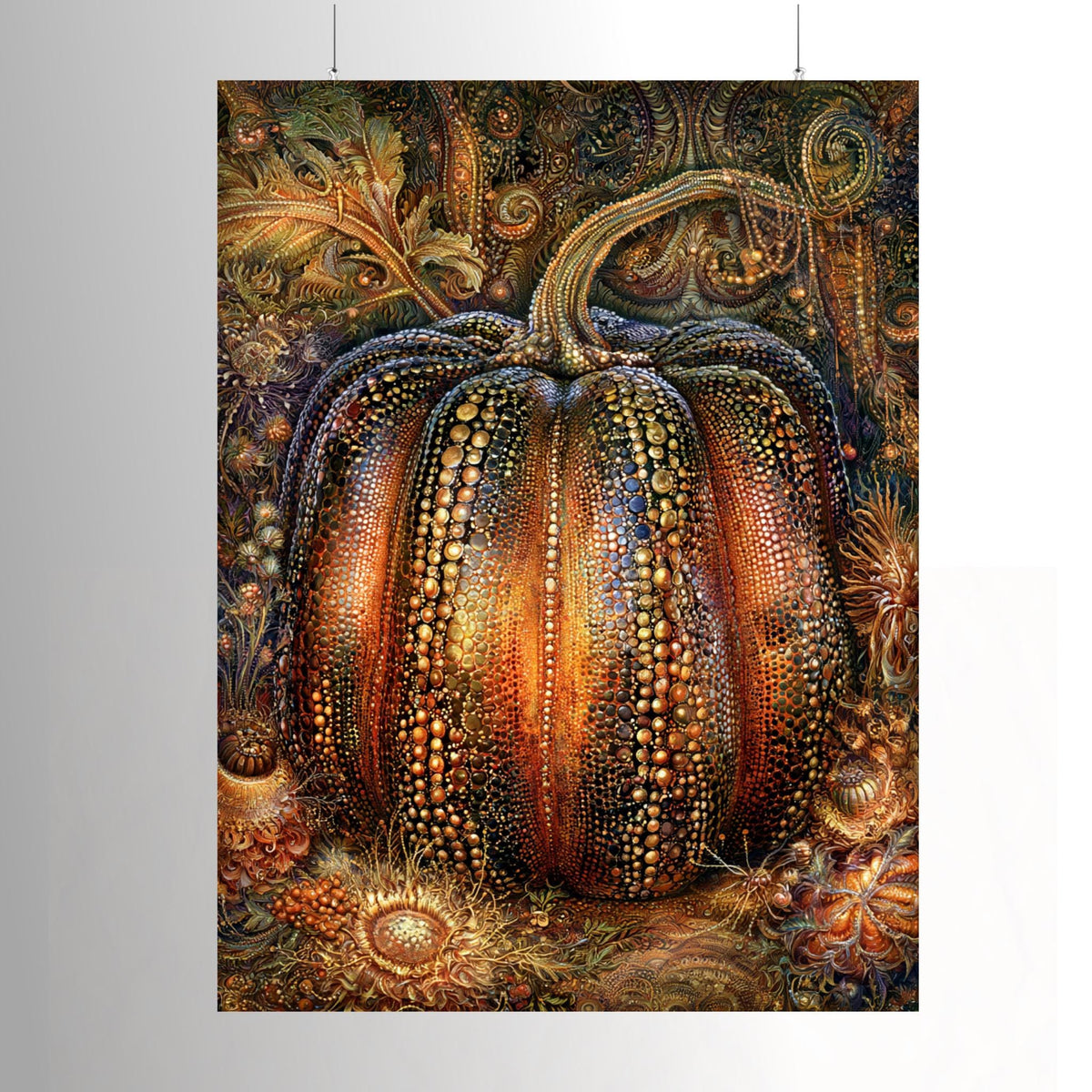 Gothic Pumpkin Wall Art, Beaded Halloween Print, Dark Moody Autumn Decor, Witchy Artwork