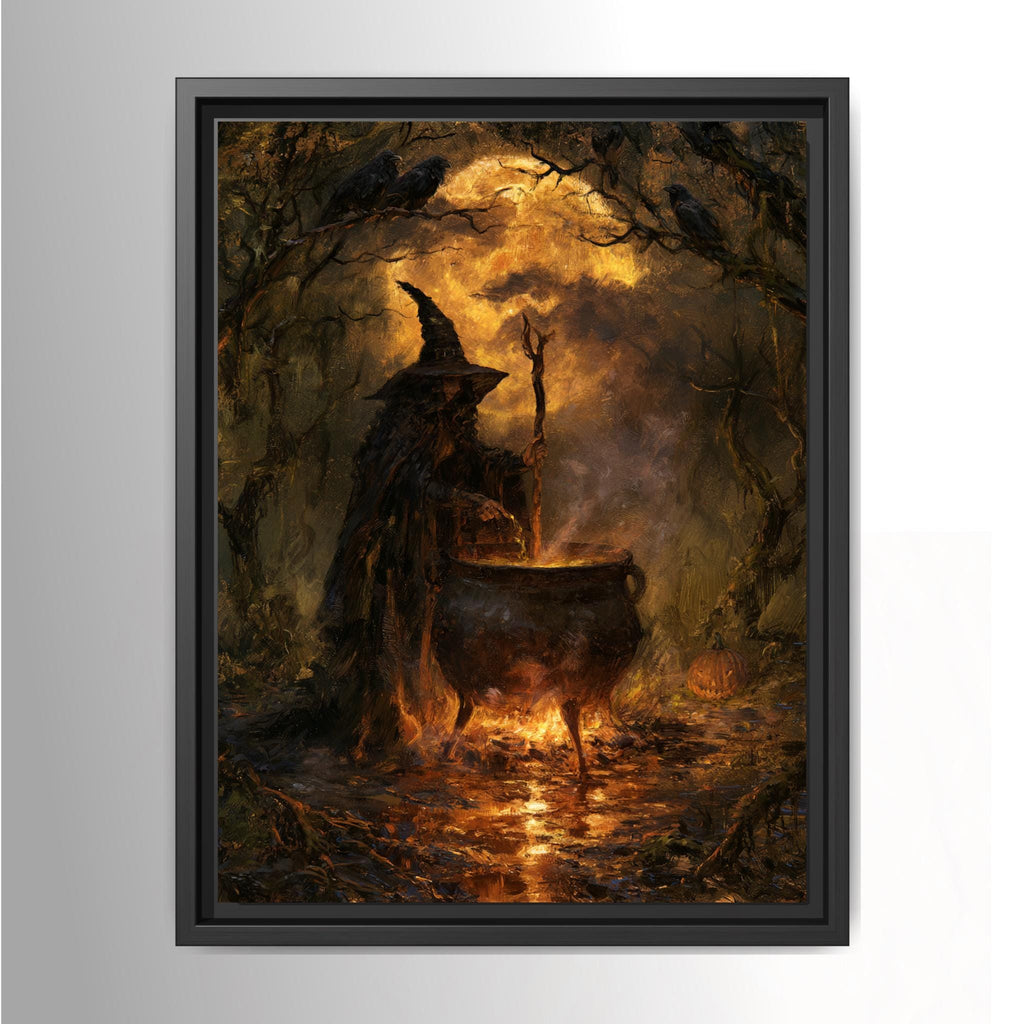 Moody witch wall art showing a dark witch stirring a glowing cauldron beneath ravens in an autumn forest, gothic Halloween decor.