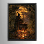 Moody witch wall art showing a dark witch stirring a glowing cauldron beneath ravens in an autumn forest, gothic Halloween decor.