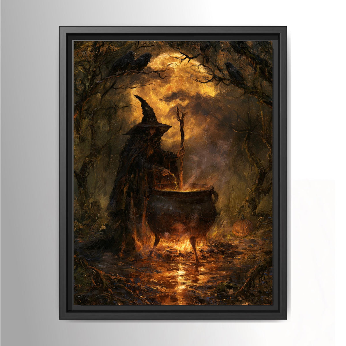 Moody witch wall art showing a dark witch stirring a glowing cauldron beneath ravens in an autumn forest, gothic Halloween decor.
