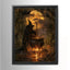 Moody witch wall art showing a dark witch stirring a glowing cauldron beneath ravens in an autumn forest, gothic Halloween decor.