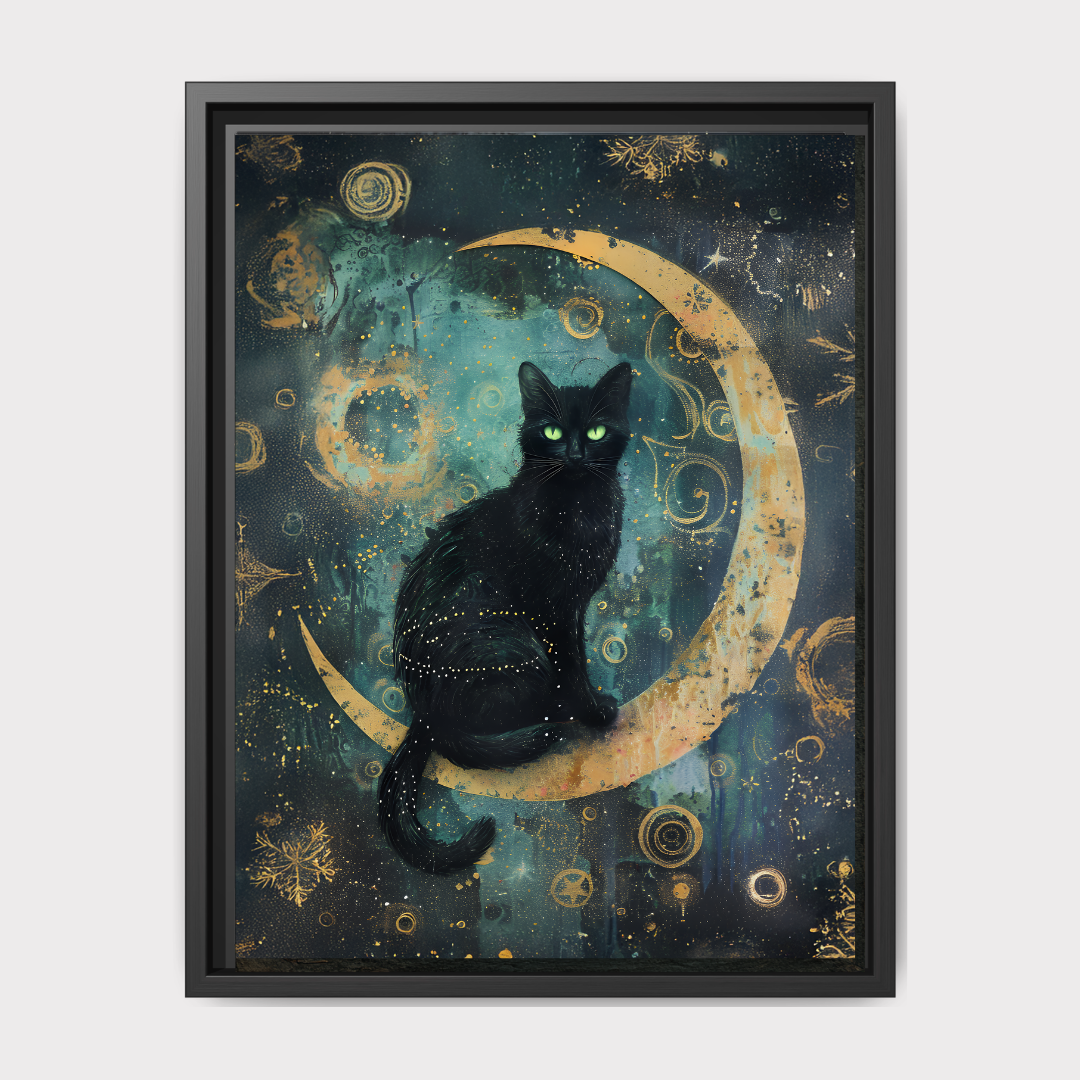 Black Cat on Crescent Moon Teal Art Print Mystical Celestial Dark Academia Wall Decor Main image