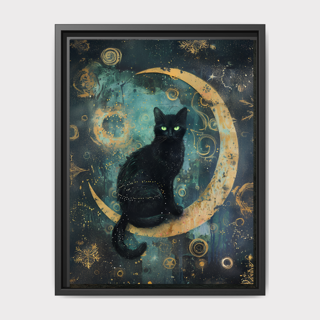 Black Cat on Crescent Moon Teal Art Print Mystical Celestial Dark Academia Wall Decor