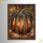 Ornate gothic pumpkin wall art featuring a jeweled orange and gold pumpkin with intricate botanical details in a dark moody Halloween setting.